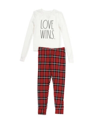 Rae Dunn SMALL Pajamas Kids LOVE WINS Plaid Checkered Red White Set Brand NEW - Image 1 of 4