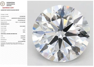 Lab Grown Diamond Round 5.00 F VVS2 IGI Certified for Engagement Ring Gift - Image 1 of 4