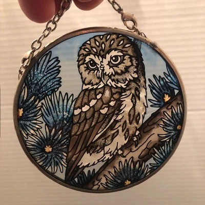 Vintage Amia Owl on Branch Stained Glass Suncatcher - 3.5"D - Image 1 of 4