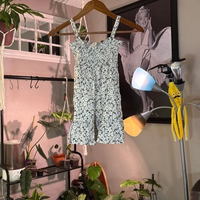 MEBIE BABY Girls Blue Floral Smocked Linen Blend Dress Size 5T-6T Sleeveless - Image 1 of 4