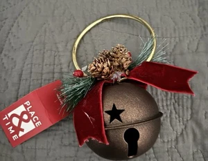 New - Place & Time Christmas Bell Door Hanger - Ornament Brass Jingle Bell - 6” - Picture 1 of 8