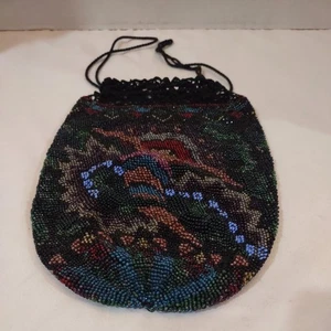 Stunning Vintage Beaded Floral Pouch Crochet Trim Cord Drawstring - Picture 1 of 6