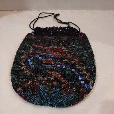 Stunning Vintage Beaded Floral Pouch Crochet Trim Cord Drawstring - Image 1 of 4
