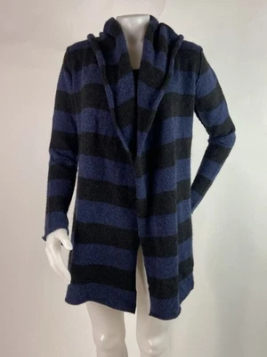 Vince Medium Black Blue Color Block Stripe Alpaca Wool Cashmere Hooded Cardigan - Image 1 of 4
