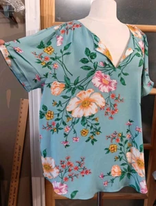 DR2 Blouse Floral Top Daniel Rainn Pleated Blue Short Sleeve V-Neck Sz XXL New  - Picture 1 of 8