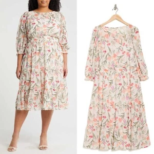 NEW ELIZA J Ivory Chiffon FLORAL Long Sleeve SMOCKED Ruffle Hem MIDI DRESS 18W - Picture 1 of 8
