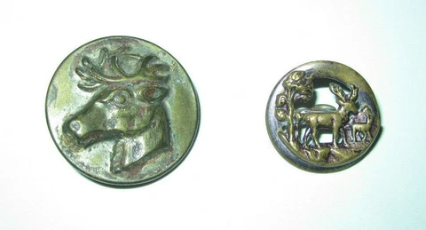 Lot of two antique brass picture buttons, deer / stag head, cutout deer w tree Cover