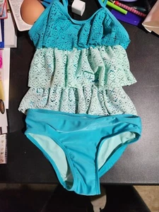 Girls So 2 Piece Triple Tier tankini teal/blue Bikini UV Protect Size 7/8 - Picture 1 of 6