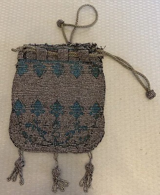 20s Antique Cut Steel Beaded Flapper Purse Drawstring Silver Turquoise Design - Image 1 of 4