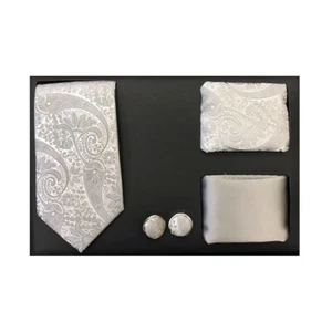 Nuevo Formal Hombres Corbata Delgada 2 Pañuelos Gemelos Set de Regalo Plata Gris Paisley - Imagen 1 de 3