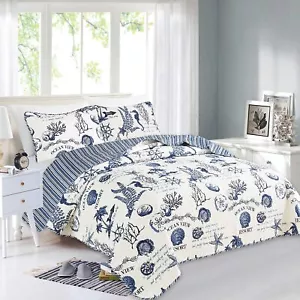 BEAUTIFUL BEACH AQUA BLUE WHITE NAUTICAL COASTAL PALM TREE SEASHELL QUILT SET - Picture 1 of 1