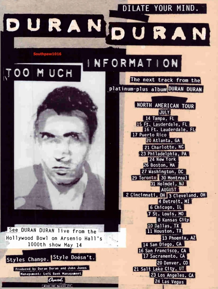 1993 Duran Duran Too Much Information Release & Tour Industry Promo Reprint Ad - Image 1 of 1