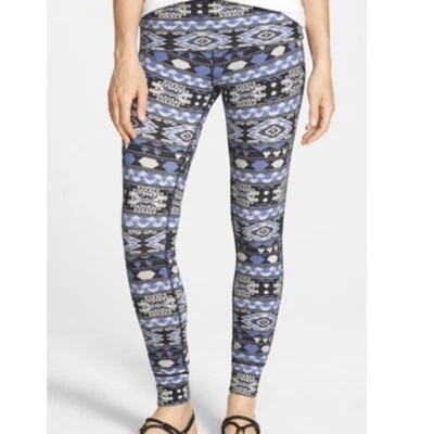 LUCKY BRAND LUCKY LOTUS Womens Blue Black Tribal Print Foldover Waist Leggings M - Image 1 of 4