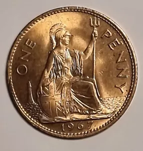 1967 ERROR British One Penny UK QE2 Coin. Uncirculated, Mint Lustre - Foto 1 di 6