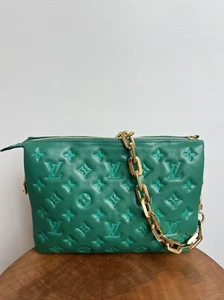 LOUIS VUITTON Vert Green Leather Puffy Monogram Coussin PM Shoulder Bag Purse - Picture 1 of 9
