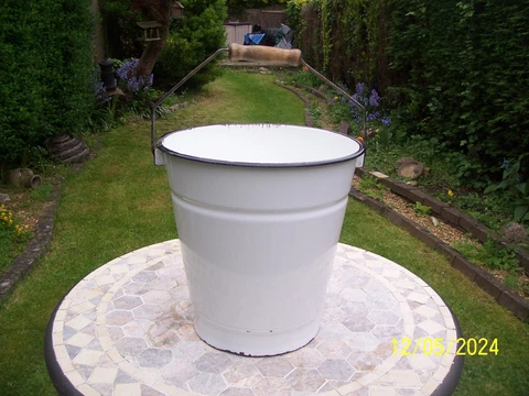Old Polish Enamel White Bucket - With Swing Handle - Garden Planter - Display Cover