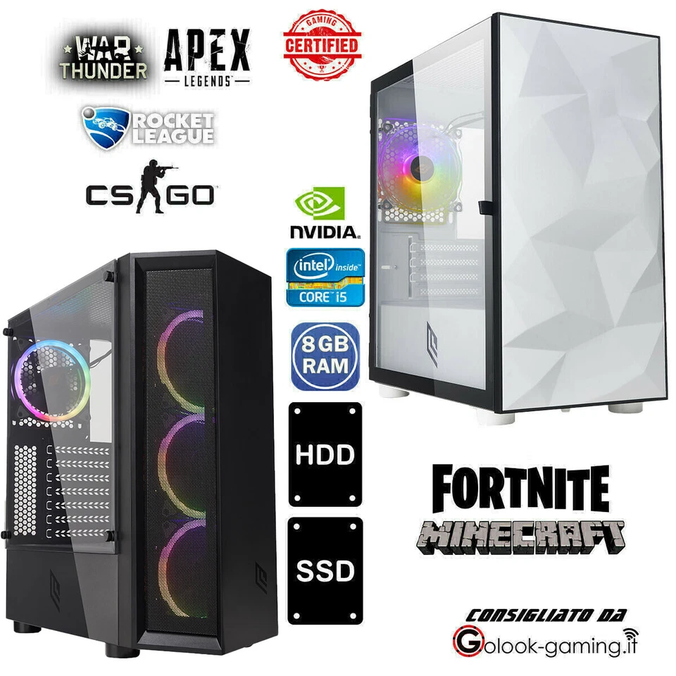 PC GAMING COMPUTER FISSO LED RGB i5 8GB 16GB RAM SSD HD NVIDIA PERSONALIZZABILE - Immagine 1 di 1