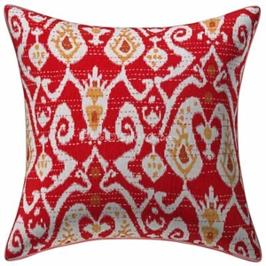 Indian Cotton Sofa Cushions Red 16x16 Kantha Printed Ikat Pillow Covers Throw - Picture 1 of 3