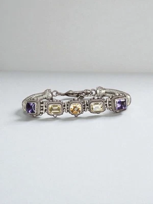 Sterling Silver Gemstone Bracelet Signed Bali Indonesia Citrine Amethyst Peridot - Image 1 of 4