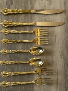 8 Pc Oneida Community BEETHOVEN Gold Electroplated Teaspoon Dinner Fork Salad - Picture 1 of 6