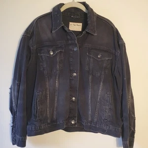 Free People Distressed Denim Trucker Jacket Washed Black Sz S Oversized Jolene - Imagen 1 de 9