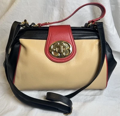 Emma Fox Deep Leather Tan Red Black Bag with 2 Straps, Gold Hardware - Image 1 of 4