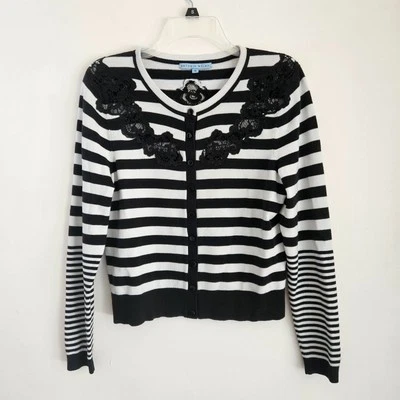 Кардиган Antonio Melani свитер M черный белый в полоску цветочный крючком вставки защелки - Изображение 1 из 4