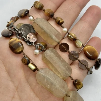 "Collar de cuentas largas Silpada de plata esterlina ojo de tigre cuarzo cobre perla 34""" Foto 1 de 4