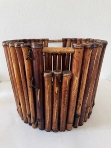 Vintage Mid Century Bambus Pflanzkorb Griffe rund gebranntes Holz groß 13,5" - Bild 1 von 24