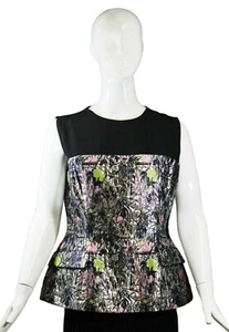 CHRISTIAN DIOR Raf Simons Black Silk Silver Multi Brocade Blouse Top IT 48 12 M - Picture 1 of 12