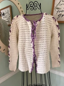 vtg crotchet cardigan white purple hand made handknit cottage M grannie garden - Picture 1 of 7
