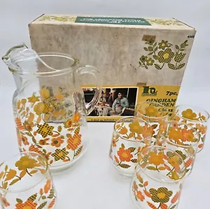 Hazelware Gingham Garden Glass Beverage Set 7 Piece vintage pitcher glasses box - Picture 1 of 21