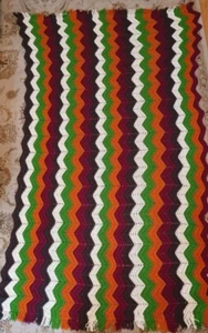 VTG Handmade White Brown Maroon Orange Green Chevron Blanket Afghan 54 x 88 - Picture 1 of 2