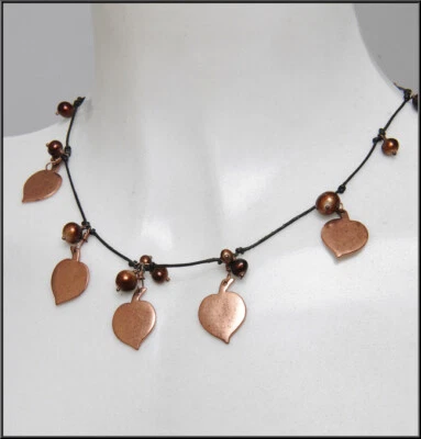 NEW PILGRIM DENMARK BRONZE HEART LEAFS & PEARLS ON BLACK CORD HANDMADE NECKLACE - Image 1 of 4