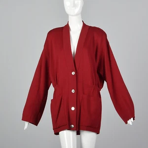L 1980s Oversized Red Knit Cardigan Long Sleeve Wool Separates 80s VTG - Picture 1 of 8