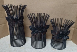 3pc Rustic Metal Twisted Rope Sticks Leaf Embellished Pillar Candle Holders - Picture 1 of 4