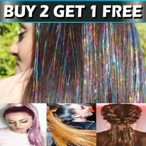 🔥250 Strands Holographic Sparkle Women Long Hair Tinsel Extensions Glitter UK