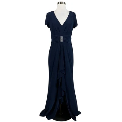 R&M Richards Women's Formal Dress Size 6 Blue Beaded Short Sleeve Evening Gown - Image 1 of 4