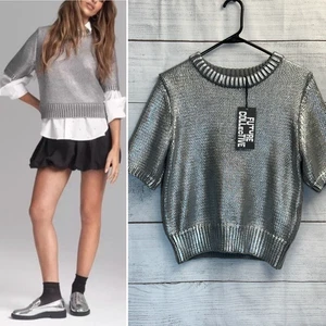 Future Collective Short Sleeve Crewneck Sweater Metallic Silver Gray XS Top NWT - Picture 1 of 10