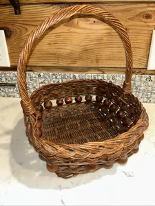 Square Large Wicker Wooden Bead Brown Braided Twisted Boho Basket w Handle VTG - Picture 1 of 7
