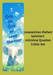 Lesezeichen Elefant laminiert Handmade mit/ohne Quaste – 1-10 Set Junge/Mädchen - Bild 1 von 2