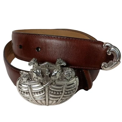 Cinto Brighton Noahs Ark Feminino M 31 Vintage Anos 90 Couro Marrom Fivela de Declaração - Imagem 1 de 4