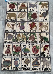 2x3 ft Vintage Handwoven French Rug Needle Point Alphabet Living Room Wool Rug - Picture 1 of 7