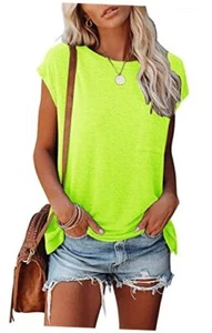 Womens Summer Short Cap Sleeve Shirts Solid Loose Fit Large Solid Neon Green - Picture 1 of 3