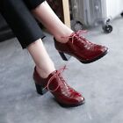 Womens Patent Leather Oxfords Brogues Lace Up Casual Round Toe Block Heels Shoes