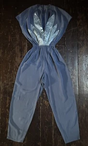 VTG 80s HANDMADE Blue LEAF DESIGN Elastic Waist CROP JUMPSUIT XXS XS 4 6 - Picture 1 of 10