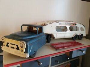 Vintage Marx Auto Transport Truck and Trailer w/Ramp, Pressed Steel Toy Vehicle 