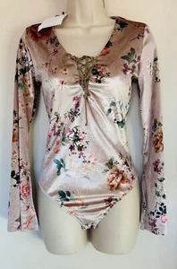 ZARA Trafaluc Floral Champagne Gold Long Sleeve Tie Front Bodysuit Size M BNWT - Picture 1 of 12