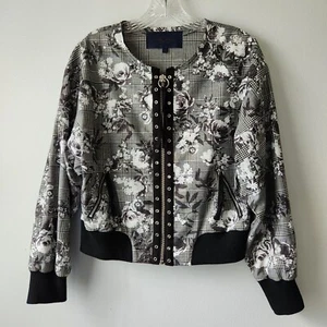Rachel Roy Bomber Jacket Women’s Size Large Grey Plaid Floral Pattern Full Zip - Picture 1 of 17