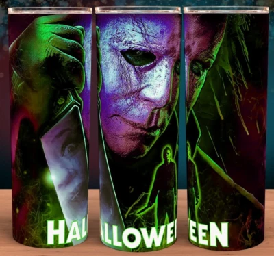 Halloween Michael Myers Slasher Green and Purple Cup Mug Tumbler 20oz - Image 1 of 3